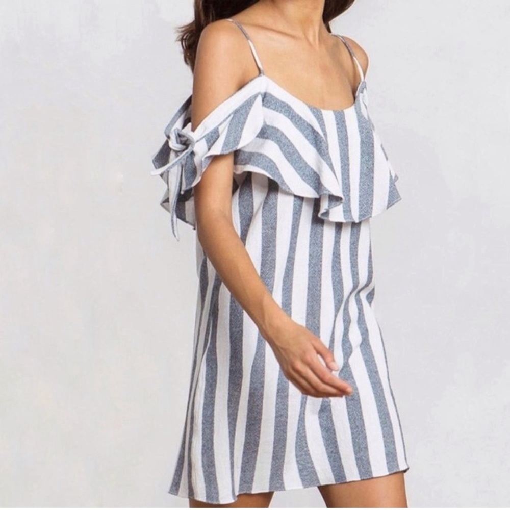 Misa Los Angeles Dress Nicolette Medium Stripped Off the Shoulder Blue White